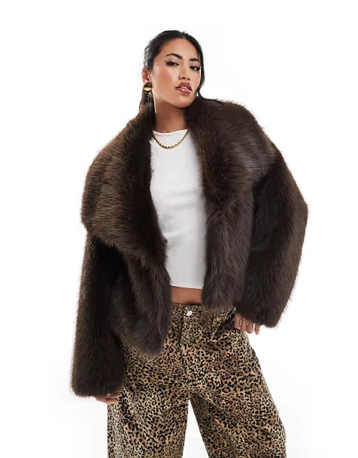 Cropped Faux Fur Jacket in Brown