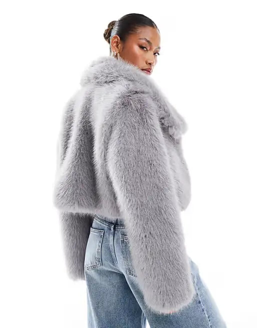 Cropped Faux Fur Jacket in Grey