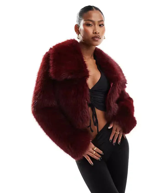 Cropped Faux Fur Jacket in Burgundy