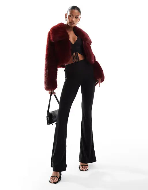 Cropped Faux Fur Jacket in Burgundy