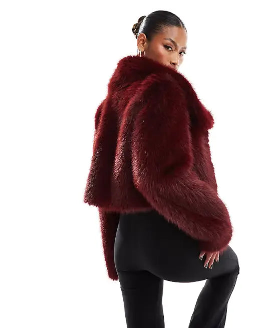 Cropped Faux Fur Jacket in Burgundy