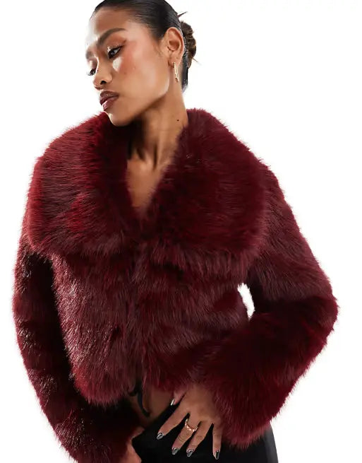 Cropped Faux Fur Jacket in Burgundy